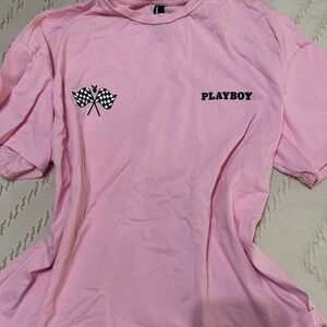 PLAYBOY Pink Tee with Checkered Flag Design